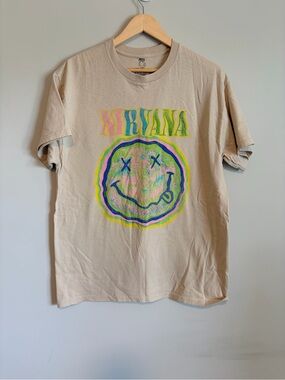 NIRVANA Beige Graphic Tee with Neon Smiley Print